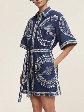 Alemais Oceane belted printed linen mini shirt dress